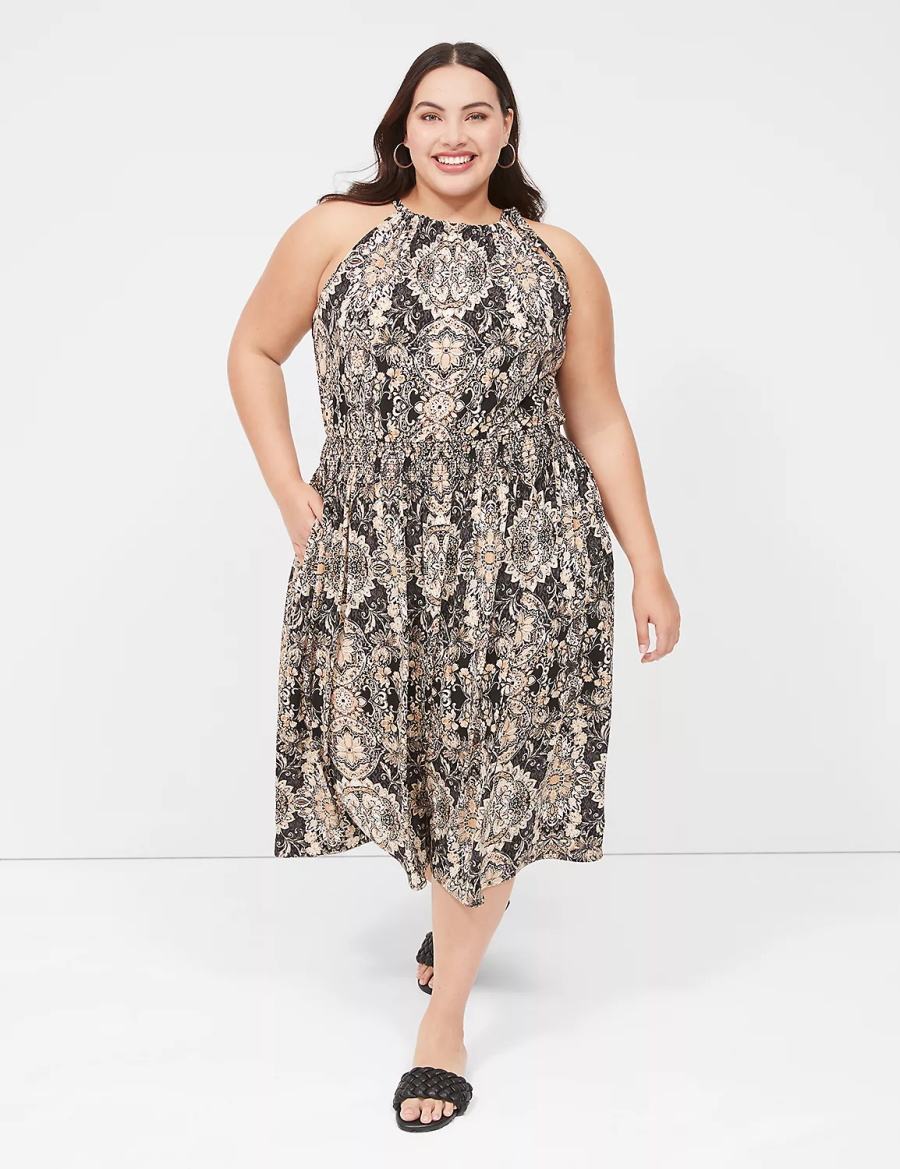 Lane Bryant Halter-Neck Smocked-Waist Jersey Abito Midi Donna Nere Colorate | TFL6727BB